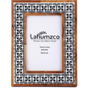 Black and White Handmade Bone Photo Frame Floral Art Painting Vintage Boho Wooden Picture Frames For Table-Top/Wall Decor (6x4 Inches, Maharaja)