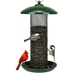 Kingsyard Mesh Tube Bird Feeders for Outdoors Hanging, All Metal, Wild Bird Feeder for Sunflower Seeds or Mealworm, Large Tray & Weatherproof Roof, 2.5 lbs Capacity (Dark Green)