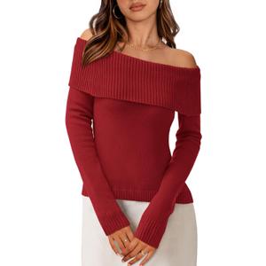 PRETTYGARDEN Off The Shoulder Sweater for Women 2026 Fall Fashion Cute Long Sleeve Tops Winter Ribbed Pullover Knit Outfits (Large, Rust Red)