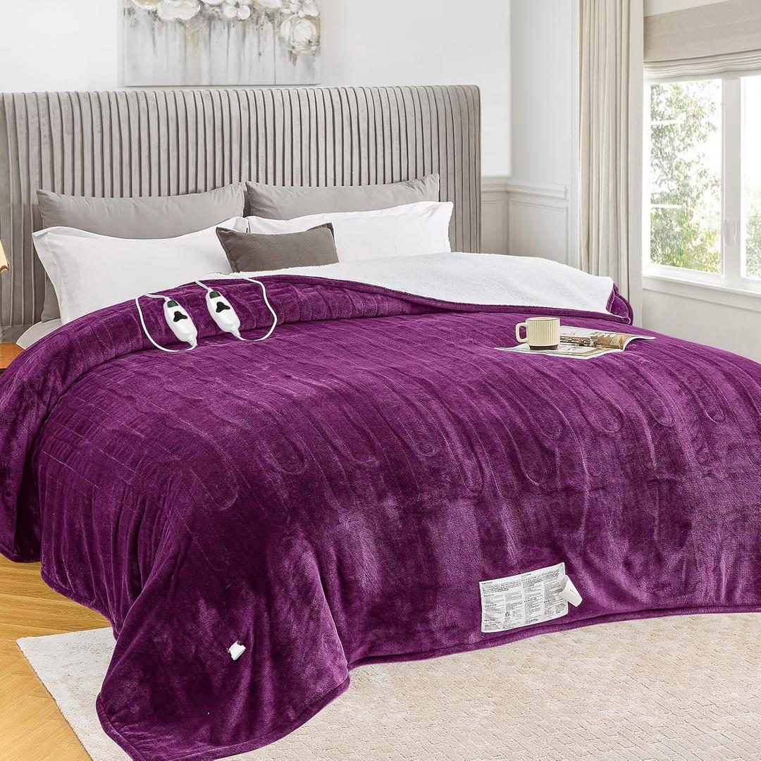 greenoak Heated Blanket Electric King Size 100"X90" Dual Control, Heating Blanket with 10 Heat Levels 1/2/4/6/8 Hours Auto-Off, Sherpa Soft Warm Christmas Blanket,Taro Purple