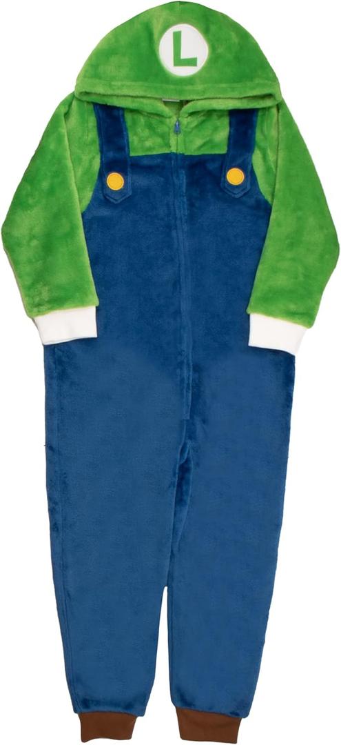 Nintendo Super Mario Brothers Boys Long Sleeve Onesie Zip Coverall with Hoodie Mario & Luigi Cosplay Zip Up Onesie (4, Green and Blue)