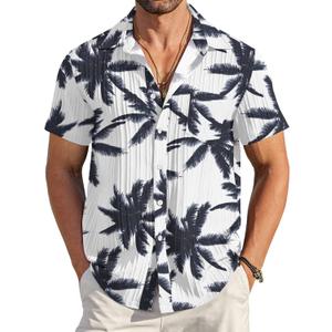 COOFANDY Men's Casual Button Down Shirts Short Sleeve Textured Summer Beach Shirt with Pocket (Blue, L)