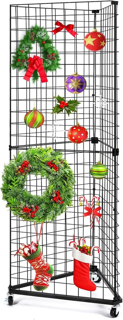 GADFISH Triangular Gridwall Panel Display Stand, Black Triangle Wire Grid Tower with Base and Casters, 24" x 68" Rolling Grid Wall, Panel Stand for Home Organization, Retail, Trade Show, Vendor