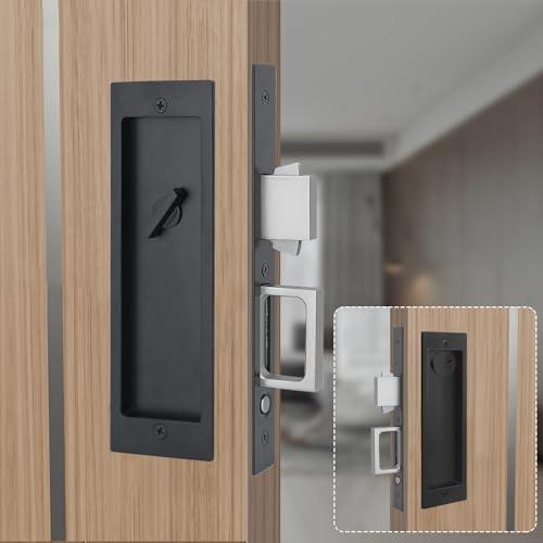 LWZH Privacy Pocket Door Lock Hardware, Hidden Handles, Privacy Pocket Door Lock with Push Automatic Bounce Switch (Black, Lock with Key)
