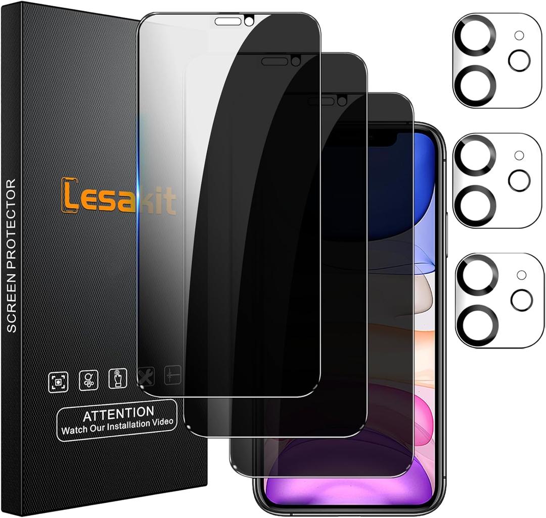 3+3 Pack Privacy Screen Protector for iPhone 11 6.1-Inch with 3 Pack Camera Lens Protector, Anti Spy Tempered Glass Film 9H Hardness Bubble Free Case Friendly