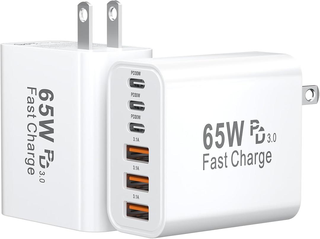 USB C Fast Charger Block, 65W GaN 6 Port USB C Wall Charger 30W Type C Charging Blocks, 3USB C+3USB A PPS/PD 3.0 Multiport Charging Cube for iPhone 17 16 15 14 Pro Max,for Galaxy S25 S24, iPad, 2 Pack