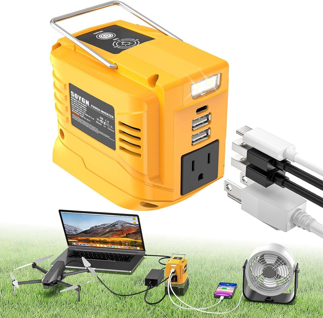 200W Portable Power Inverter for DeWALT 20V,Outdoor Generato Battery Converter with 2 USB&LED&AC Battery Powered Outlet,Convert DC 18V/20V to AC 110V-120V Portable Power Station(Tool Only)