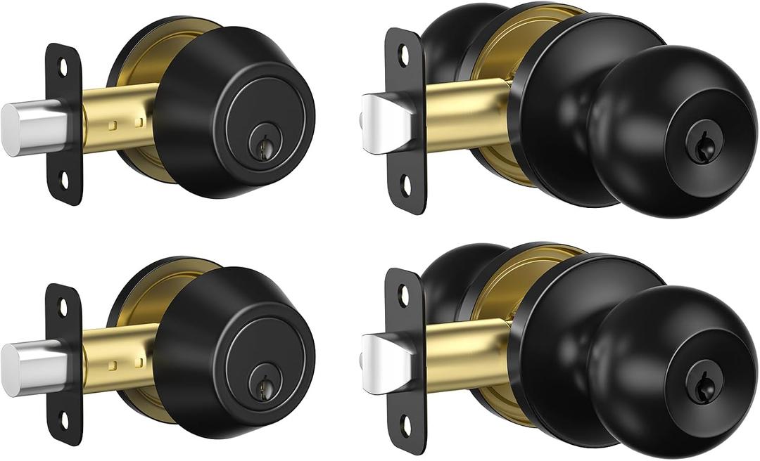 Estmoon 2 Pack Exterior Door Lock Set Matte Black Door Locks for Front Door | Keyed Alike Deadbolt Lock, Stainless Steel Single Cylinder Door Knobs with Lock, for Interior/Exterior,Easy to Install,6 Keys
