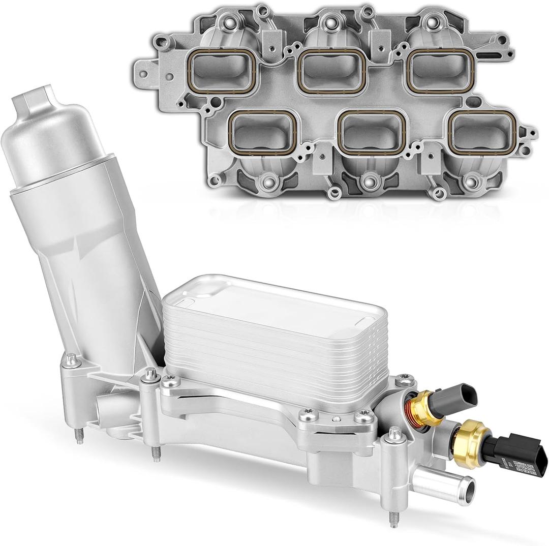 Upgraded Full Aluminum Engine Lower Intake Manifold with Gasket Engine Oil Filter Housing with Oil Cooler Sensors and Gaskets Compatible with Dodge Charger Challenger Journey Jeep Wrangler