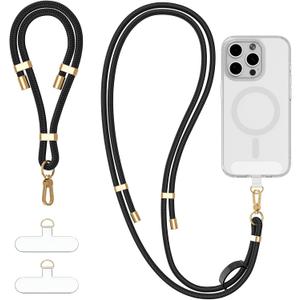 4-IN-1 Phone Lanyard + Wrist Strap Kit with 2 Pack Tabs, Universal Adjustable Phone Strap Crossbody, Anti-Theft Neck Lanyard for iPhone 17 Pro Max and Most Smartphones, Black
