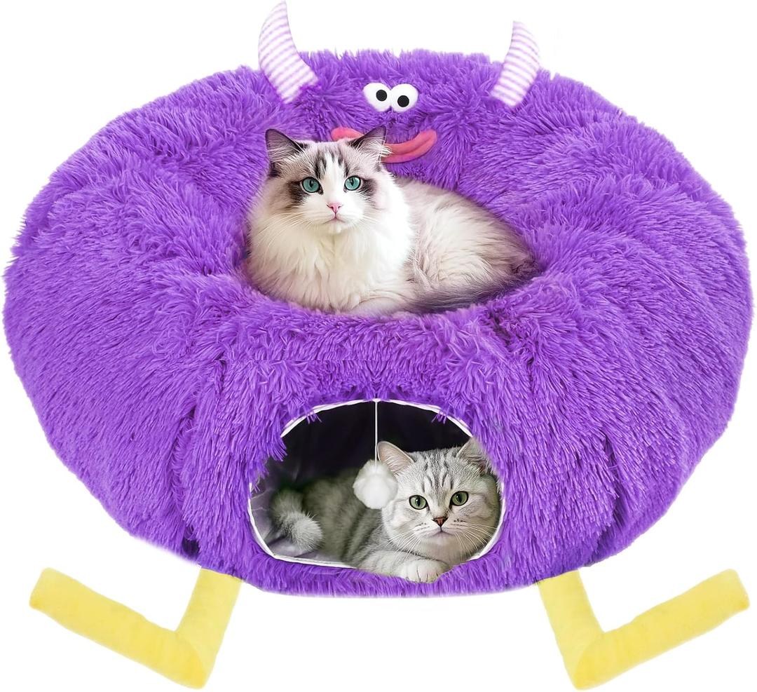 Cat Tunnel Bed for Indoor Cats - Cute Cat Donut Tunnel with Washable Circle Cushion - Multi-Purpose Cat Bed & Peekabo Cave, Pet Playground Toys for Kittens, Puppy, Rabbit