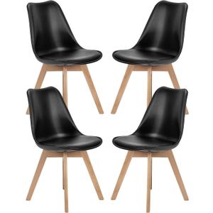 Hesham Side Chair Set of 4 Dining Kitchen Mid-Century Modern Dining Chairs with Wood Legs and PU Leather Cushion for Living Room Bedroom Outdoor Lounge, Kitchen, Black