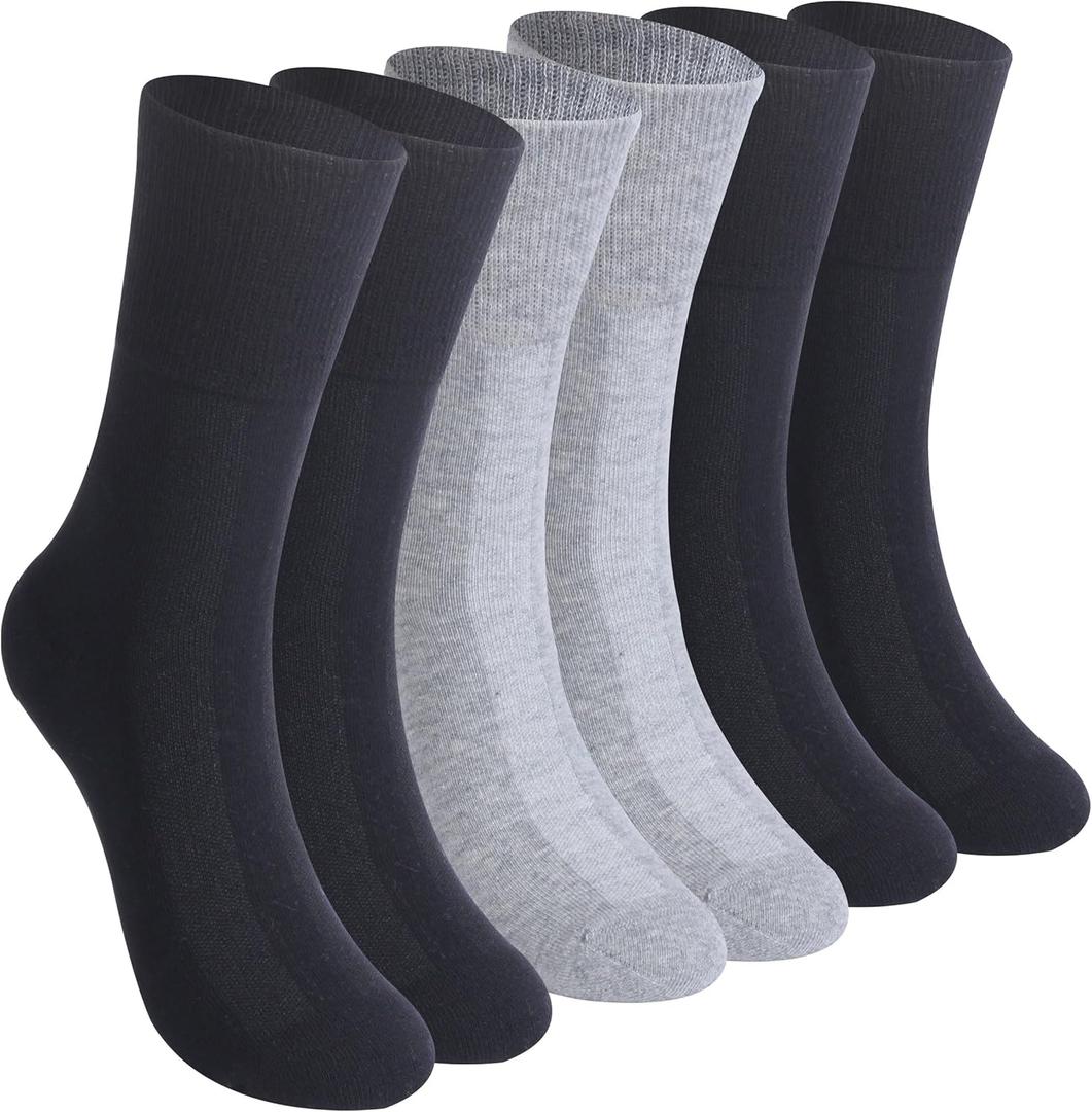 Facool Non-Binding Diabetic Crew Socks, Women Loose Top Cushioned Moisture Wicking Cotton Seamless Non Slip Soft Anti-sweat Dress Comfortable Socks, 6 Pairs Black+Grey+Navy Blue Medium
