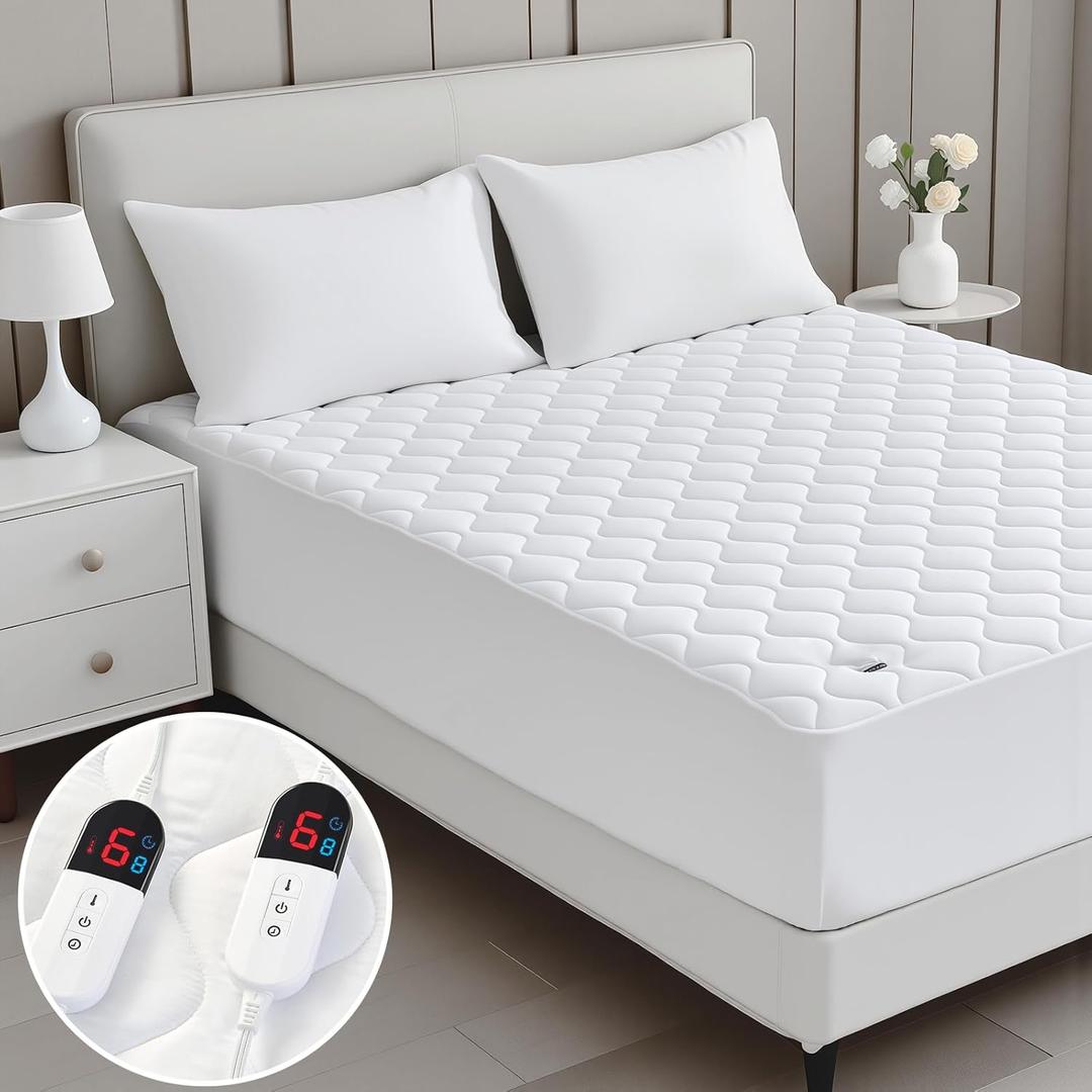 Heated Mattress Pad King Size, Quilted Electric Mattress Pad, Dual Controller, Bed Warmer Fit up to 21", 6 Heat Settings, 1-10 Hours Auto Off, Fast Heating, White
