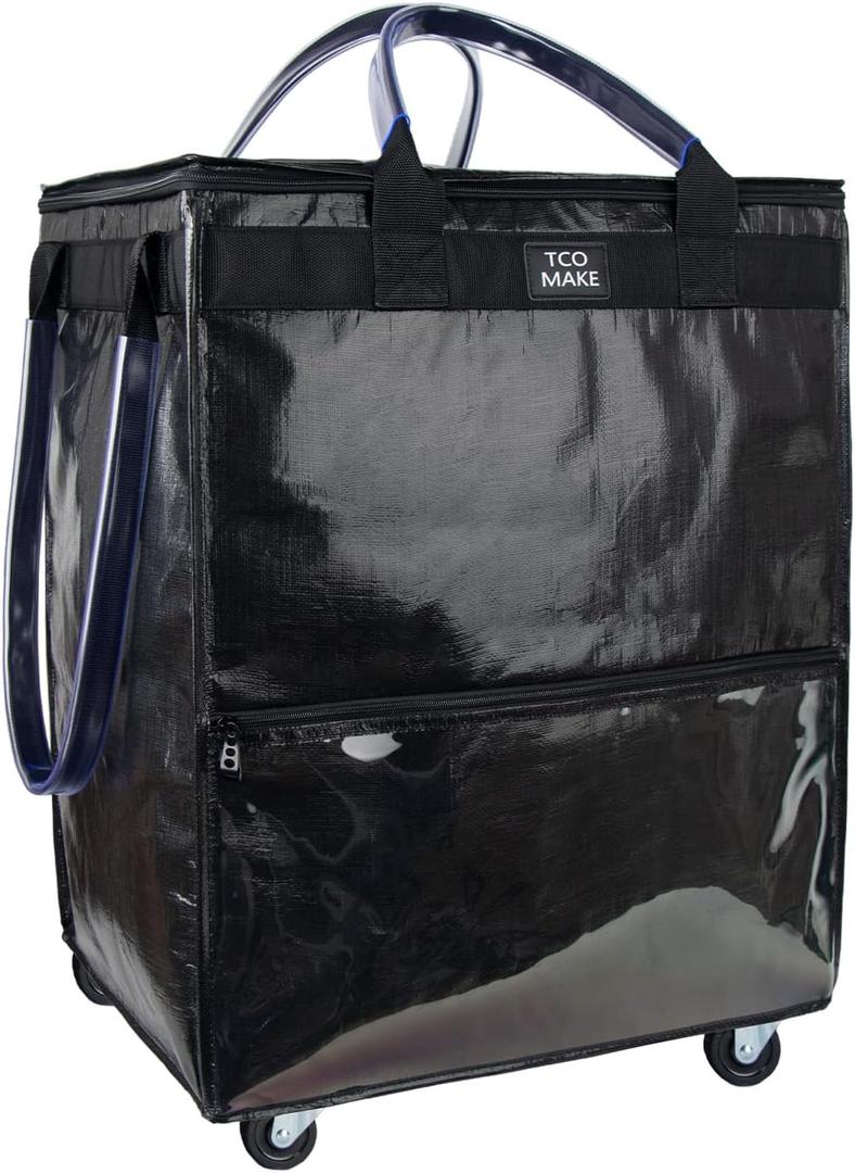 (Large, Black) Reusable Grocery Bag on Wheels, Shopping Bags with Wheels and Handle, Folding Rolling Tote, Zipper Cover, Carries Up to 76 LBS, for Laundry, Picnic