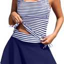 Daci Tankini Bathing Suits with Skirt - Women 2 Piece Swimsuits Tummy Control Swimwear (Small, Blue Stripe)