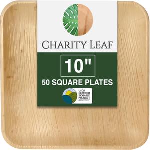 Charity Leaf Compostable 10" Square Palm Leaf Dinner Plates (50-pack) | Premium, 100% Natural, Disposable, Heavy Duty | Perfect for Parties, Weddings & Catering Events
