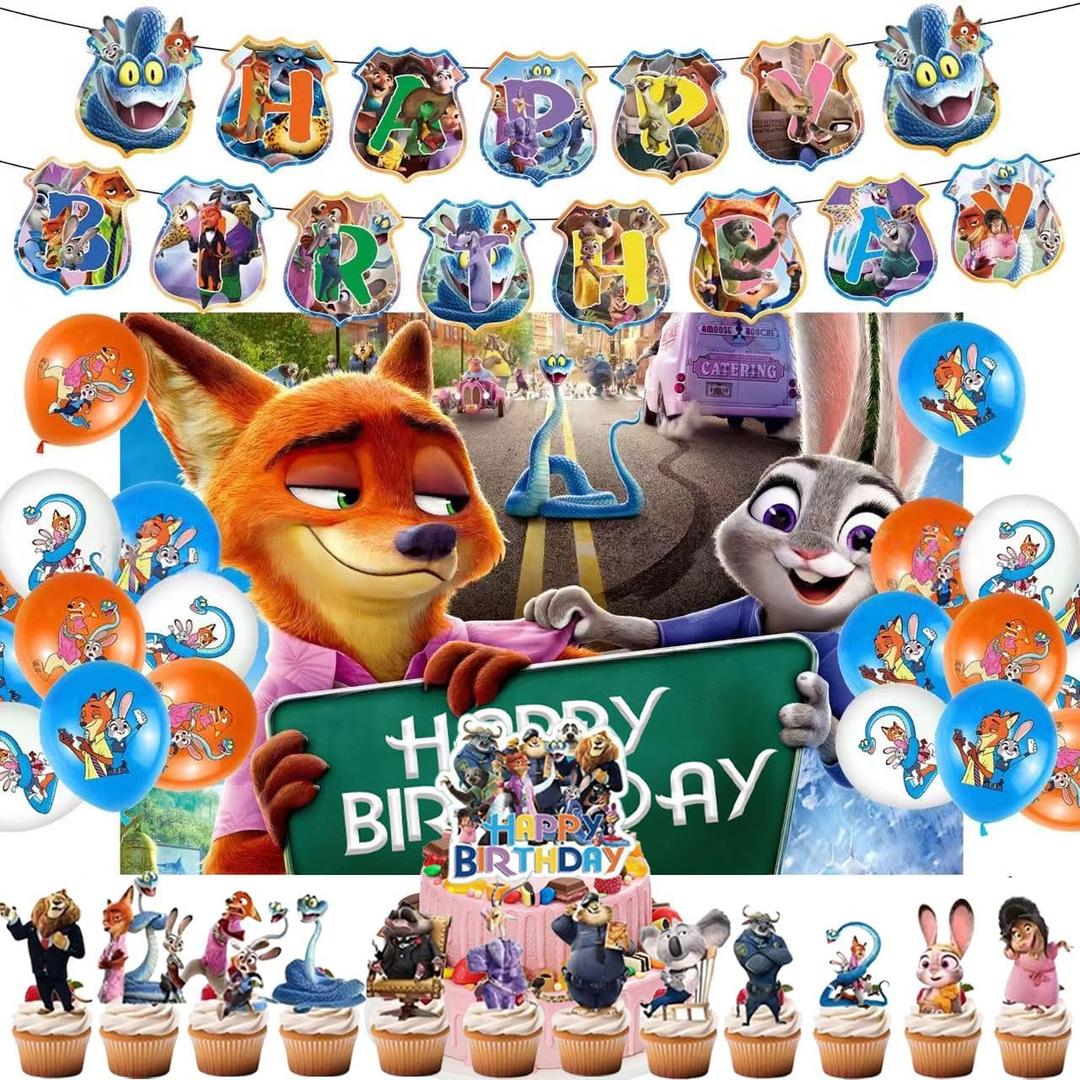 51 Pcs Cartoon Birthday Party Decorations, Cute Animals Party Decorations, Includes a Happy Birthday Banner, Backdrop, Hanging Decorations, Balloons, Cake Topper, and Dessert Toppers.