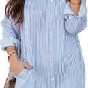 Aoudery Womens Button Down Shirt Dresses with Pockets Striped Cotton Shirts Collared Long Sleeve High Low Blouse Tops (Blue, M)