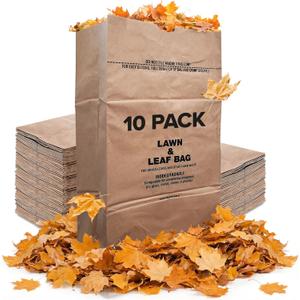 30 Gallon Kraft Lawn and Leaf Bags (10 Pack) Eco-Friendly Heavy Duty Large Paper Trash Bags, Tear Resistant Yard Waste Bags for Grass Clippings, Wet and Dry Leaves, Weeds, Twigs