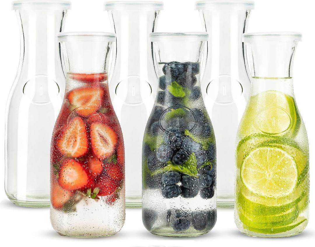 Glass Carafe Pitchers, by Kook, Mini Carafes- set of 5, Beverage Dispensers, Clear Jugs For Mimosas, Water, Milk and Juice, with Plastic Lids, Dishwasher Safe