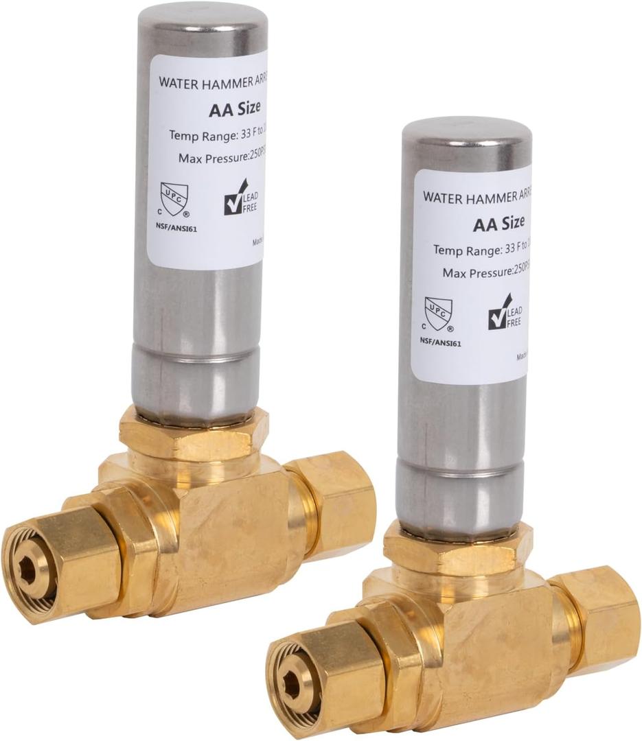 Washing Machine Water Hammer Arrestor, 3/8" Male Compression x 3/8" Female Compression, Straight Threaded, Stainless Steel Hammer Arrestor, Stop Water Shock and Noise, Quick Setup, 2 Pack