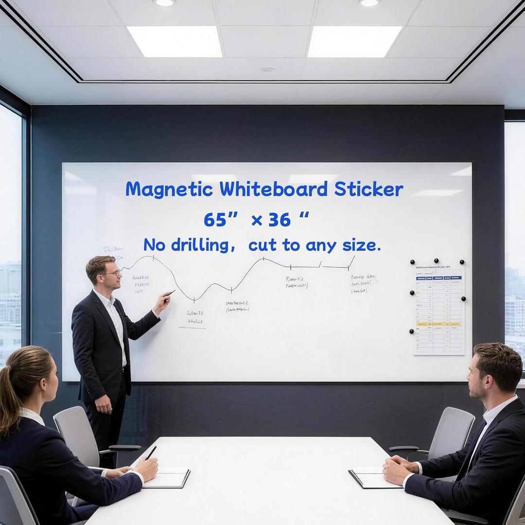 Extra Large Magnetic Dry Erase Whiteboard 65"x36" - Self-Adhesive Flexible Wall Board for Office, Training, Home Office w/ 11 Markers, 6 Magnets, Eraser & Holder, Ultra Smooth, No Ghosting, Easy Erase