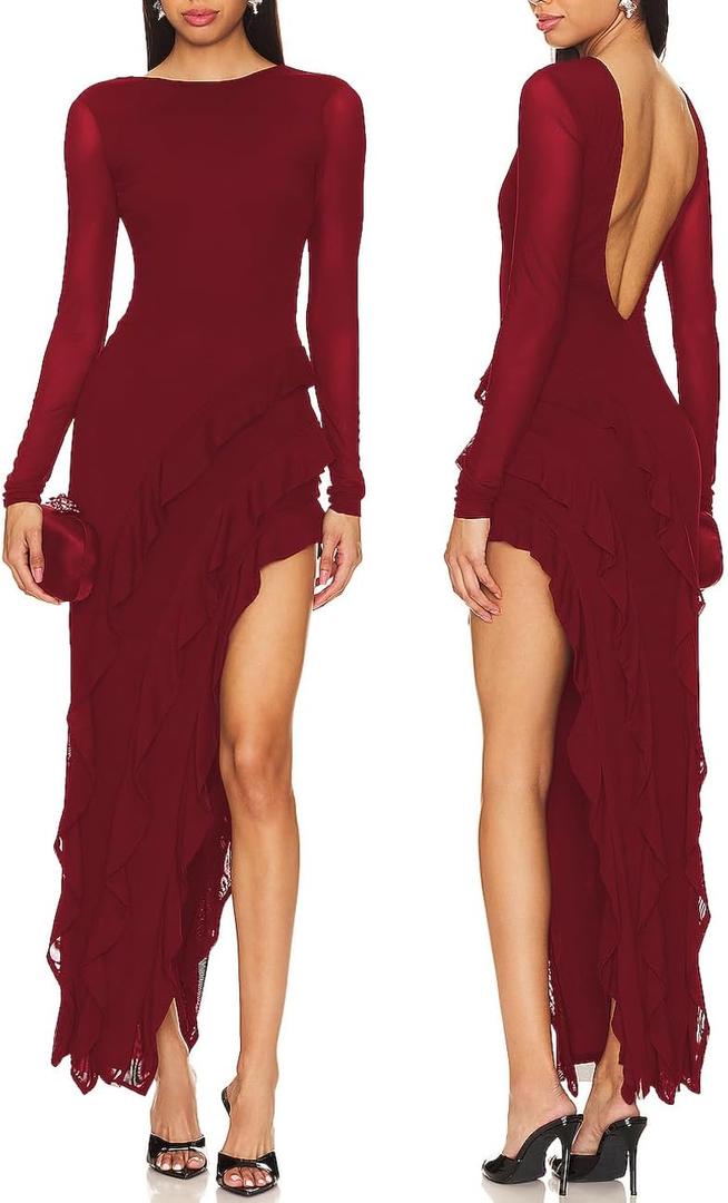 Capuffy Womens Long Sleeves Backless Maxi Dress Mesh Tassel Ruffle Side Split Bodycon Dress Siobhan Evening Party Dress 350 (Small, Wine Red)