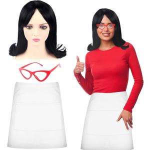 3 PCS Halloween Burger Costume Set Include Flip Wig Half Apron Glasses for Women Dress Up