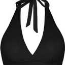 Women's Supportive Halter Bikini Padded Push Up Ruched Bust Hook Back Swimsuit Bathing Suit Tops Only (Medium, Black)