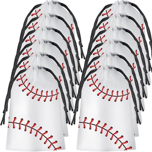 Flutesan 25 Pack 6 x 8 Inch Drawstring Baseball Party Favor Bags Plastic Baseball Snack Goodie Bags Gift Packaging Storage for Kids Boys Birthday Sports Theme Party Supplies