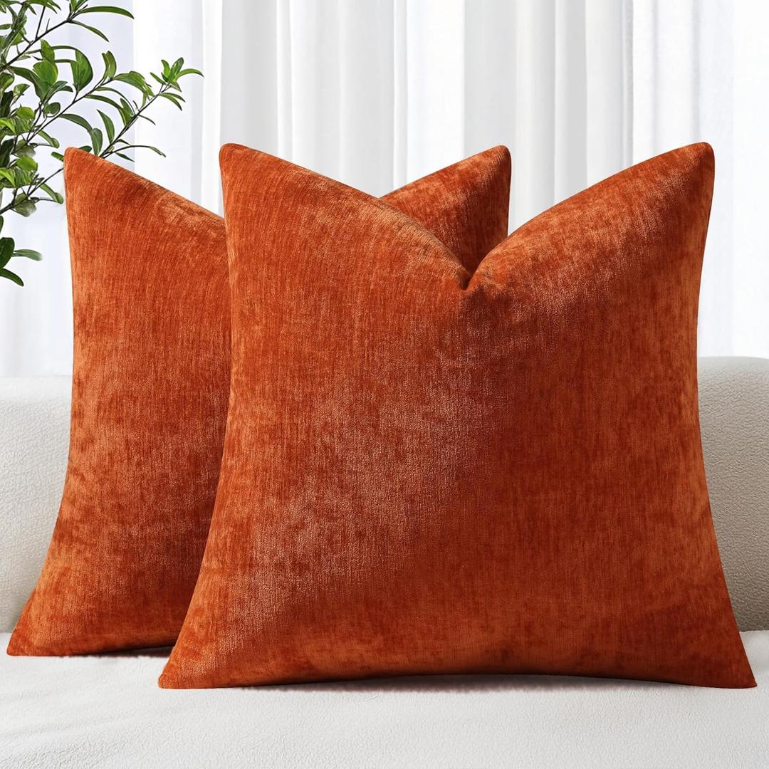decorUhome Chenille Rust Fall Throw Pillow Covers 22x22 Inch Set of 2, Decorative Soft Couch Pillow Covers Solid Dyed Accent Farmhouse Neutral Square Pillow Cases for Sofa Bed Living Room