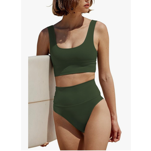 Women's High Waisted Bikini Sets Sporty 2 Piece Swimsuits Middle Cut Bathing Suits 6 (Green, Small)