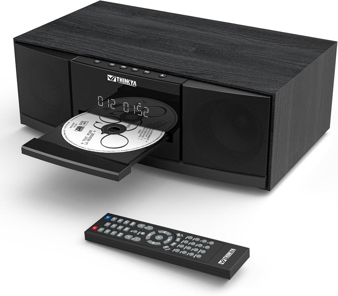 Vintage Bluetooth Stereo System for Home, THINKYA 36W RMS Micro HiFi Systems CD Player Dual 3 Bass with Bluetooth Audio Streaming, FM Radio, USB Port, Aux-in, Remote Control(NO Clock & Alarm)