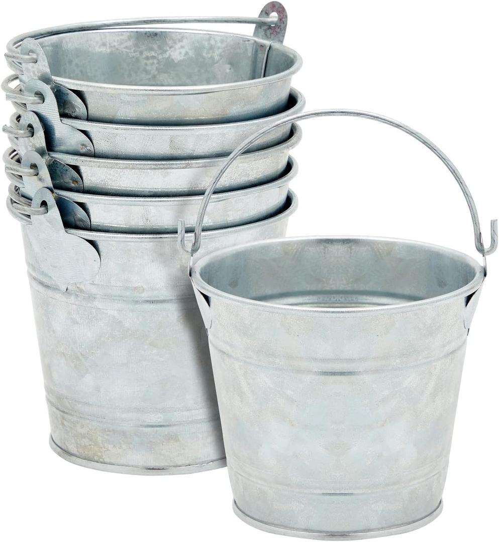Juvale Galvanized Tin Pails - Centerpiece Tin Buckets - Party Metal Buckets with Handles - Galvanized Decor & Cans - Pack of 6, 3" H x 3.5" W, Silver