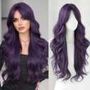 7JHH WIGS 31in Purple Long Water Body Wavy Wigs with Curtain Bangs Natural Heat Resistant Synthetic Fiber Midlle Part Women Curly Wigs for Chrismas Daily Party Daily Used