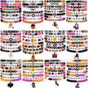 96 Pcs Halloween Bracelets Bulk Set Happy Halloween Friendship Bracelets Bulk Bats Ghosts Witches Colorful Beaded Adjustable Flat Jewelry for Women Man Party Favors Gift(Vivid)