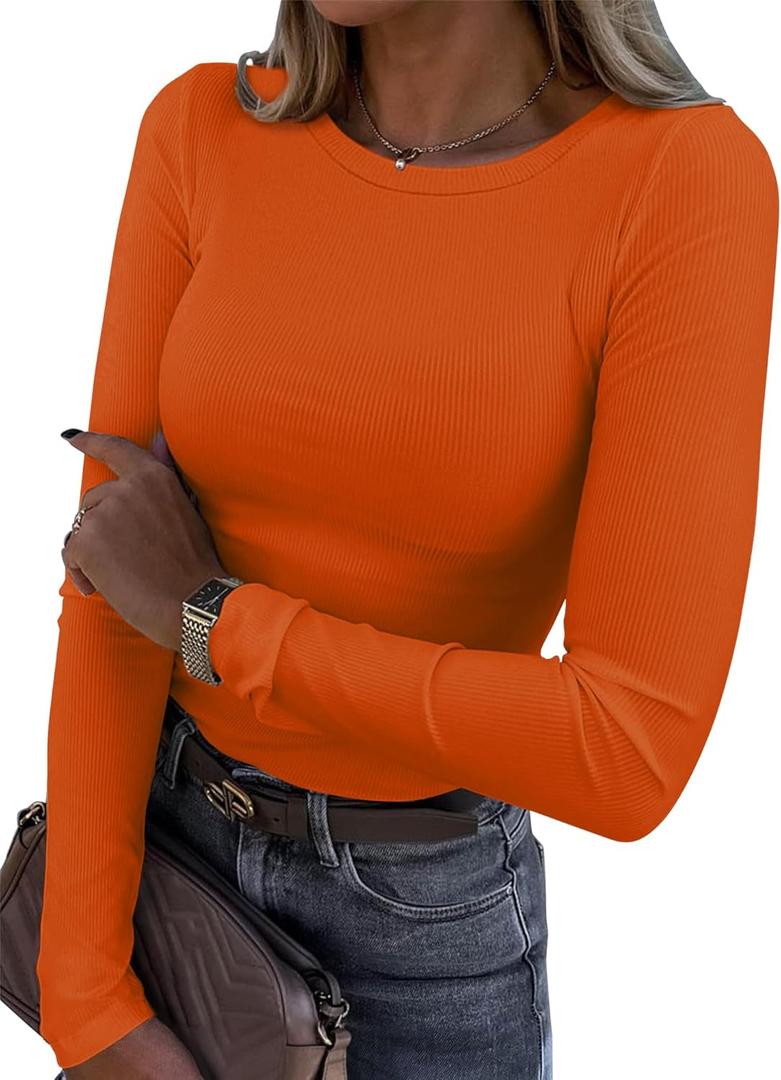 Roselux Womens Long Sleeve Stretch Crewneck Ribbed T-Shirt Fitted Casual Basic Tops (Medium, Orange)