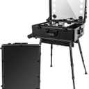 Aluminum Trolley Makeup Train Case with Led Light Rolling Makeup Case with Legs Suitcase Vanity with Lights with Stand Mirror Makeup Vanity Station (24 in, Black)