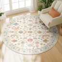 6ft Area Rug Print Washable for Living Room Low Pile Non Slip Soft Thin Carpet Boho Vintage Floral Rug Stain Resistant for Bedroom Dining Room Kitchen Playroom Creamwhite