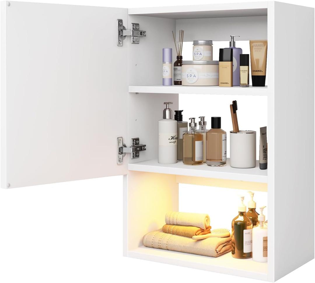 Wall Mounted Storage Cabinets with Lights, Over-The-Toilet Storage Vanity, Bathroom Medicine Organizer Adjustable Shelves Cabinet for Small Spaces (White)