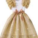 Girls Butterfly Birthday Dress Rainbow Tutu Sparkle Sequin Tulle Doubble Sleeve Ruffle Bowknot Dresses (White, S) 5-6Y