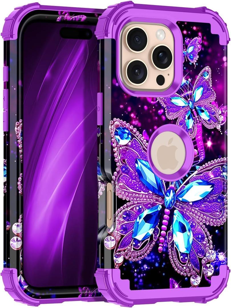 Hekodonk for iPhone 16 Pro Max Case,Glow in The Dark Three Layer Heavy Duty Shockproof Protection Hard Plastic+Soft Silicone Full Body Drop Protective Case for Apple iPhone 16 Pro Max,All Purple