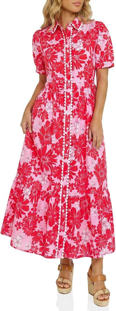 Wenrine Womens Casual Shirt Dress Floral Collared Short Sleeve Button Down Drawstring Waist Loose Summer Maxi Dresses (Medium)