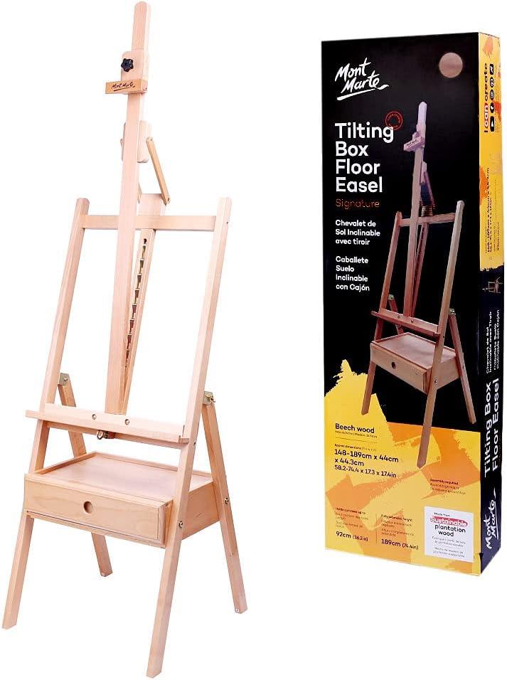 Mont Marte Signature Tilting Box Floor Easel Beech Wood, Holds Canvases up to 92cm (36.2in) in Height, Angle Adjustment, Sturdy Base, Built-in Drawers for Art Supplies, Artist Painting Easel. (Light Brown)