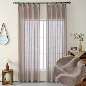 Ftinala Dark Taupe Linen Semi Sheer Curtains 108 Inches Long, Flax Brown Light Filtering Curtains & Drapes, Rustic Farmhouse Window Treatments, Pinch Pleat Floor to Ceiling Curtain with Hooks (Diy Pleat | Mink)