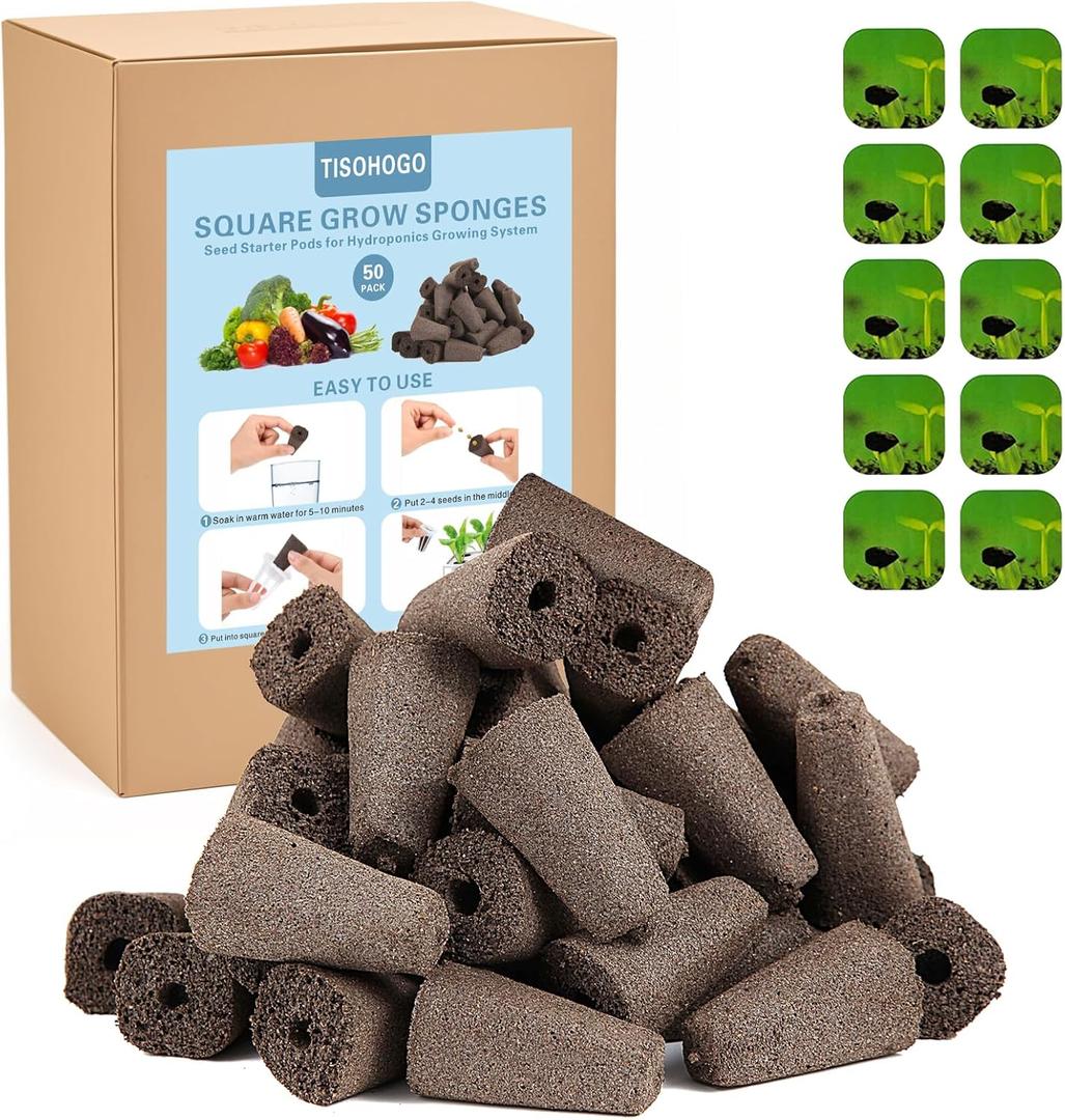 50 Pack Square Seed Starter Pods for Indoor Hydroponics Growing System, 50pcs Squared Grow Sponges with 10 Square Pods Labels, Supplies Replacement Compatible with IDOO, QYO, LYKO (Brown)