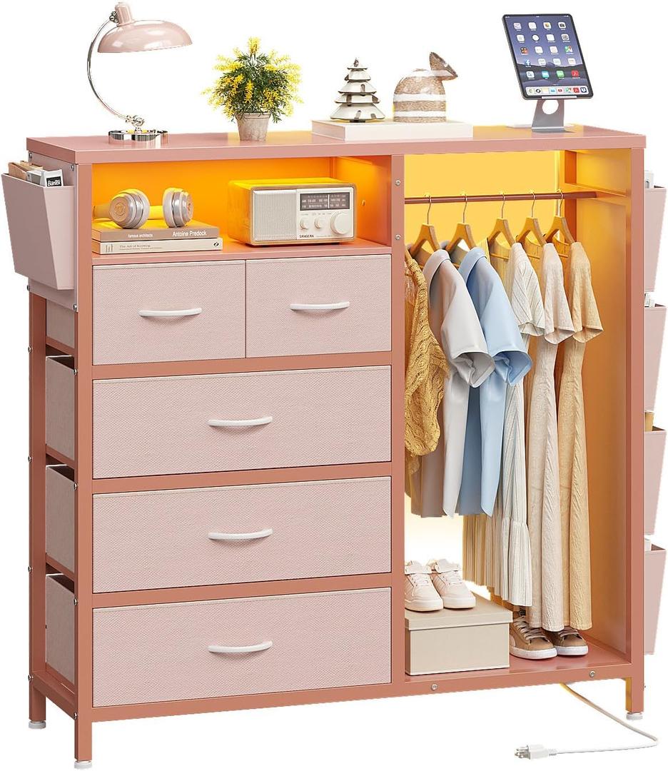 Dresser with Clothes Rack, 5 Drawer Chest with Charging Station & LED, 20.5"D x 43.3"W x 42.9"H