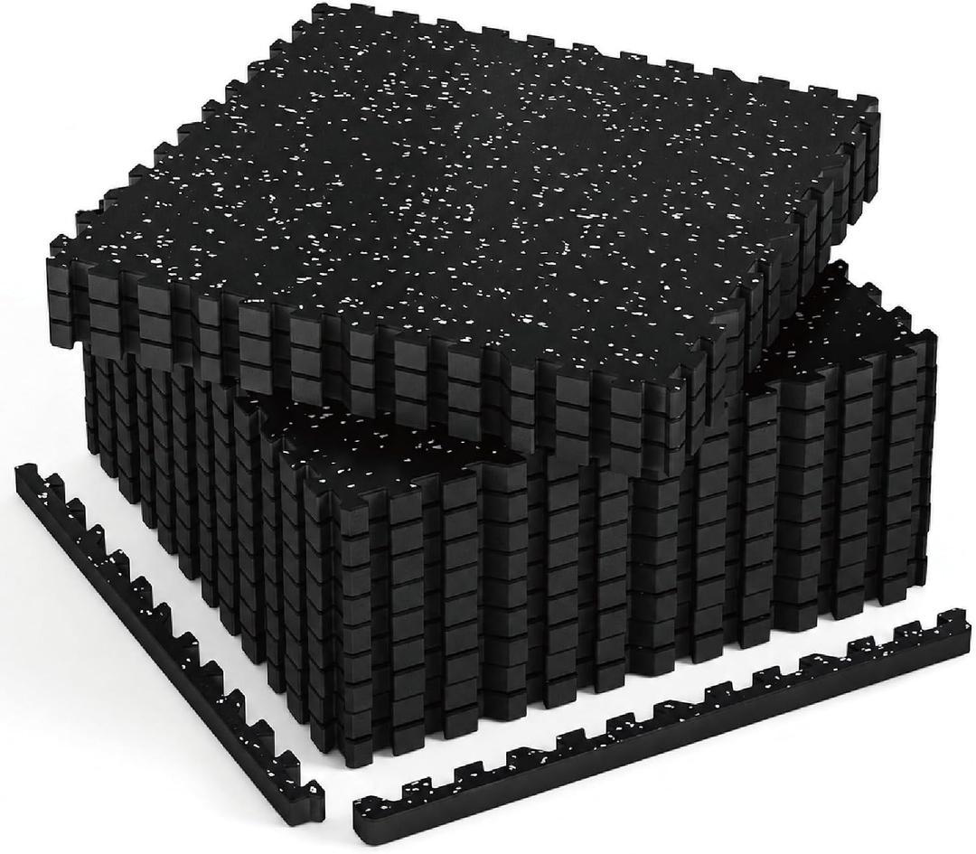 AIRHOP 1'' Ultra-Thick 48 Sq Ft Rubber Top Gym Flooring for Home Gym, 12 Tiles High Density EVA Foam Exercise Mats, Interlocking Puzzle Mats for Home Workout, Floor & Equipment Protection, Black/White