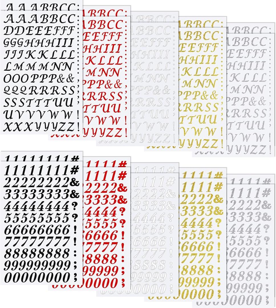 1880 Pcs Iron on Letter and Number 0.75 Inch A-Z Heat Transfer Letter Number 20 Sheet Adhesive 0-9 Alphabet DIY Fabric Vinyl for Clothing Printing Decor(Black, White, Silver, Gold, Red)